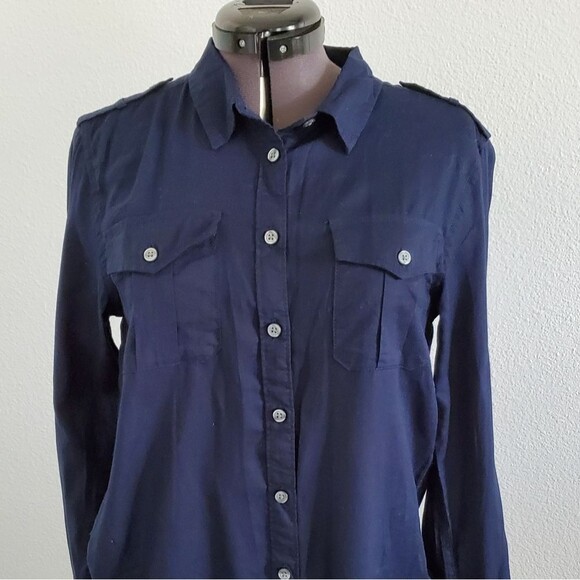 NWT GH Bass & Co Women's Button-down Shirt Small Navy Cotton Basic Classic - Picture 1 of 9